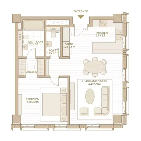 Plattegrond van 1 slaapkamer in Al Waha Residences Phase 2 By Expo Dubai Group
