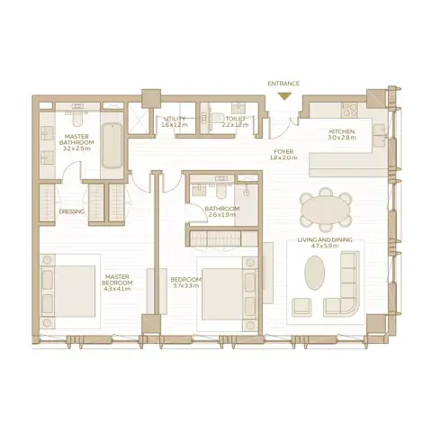 Plattegrond van 2 slaapkamers in Al Waha Residences Phase 2 By Expo Dubai Group