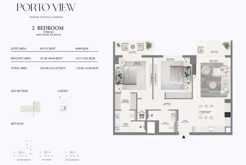 Plattegrond van 2 slaapkamers in Porto View