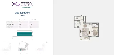 Plattegrond van 1 slaapkamer in Beachfront Gates By Dubai South