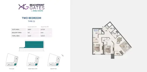 Plattegrond van 2 slaapkamers in Beachfront Gates By Dubai South
