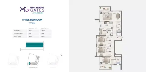 Plattegrond van 3 slaapkamers in Beachfront Gates By Dubai South