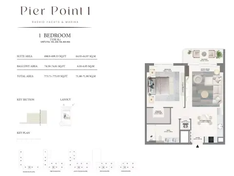 Plattegrond van 1 slaapkamer in Pier Point By Emaar