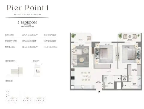 Plattegrond van 2 slaapkamers in Pier Point By Emaar