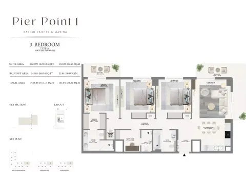 Plattegrond van 3 slaapkamers in Pier Point By Emaar