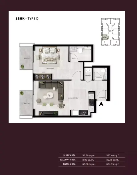 Plattegrond van 1 slaapkamer in The Willows Residences