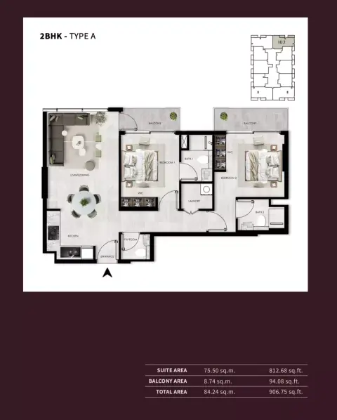 Plattegrond van 2 slaapkamers in The Willows Residences
