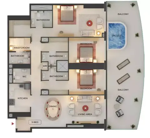 Plattegrond van 3 slaapkamers in Binghatti Skyblade