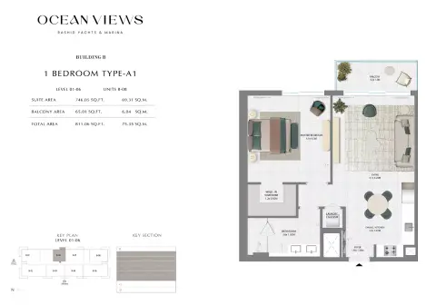 Plattegrond van 1 slaapkamer in Ocean Views