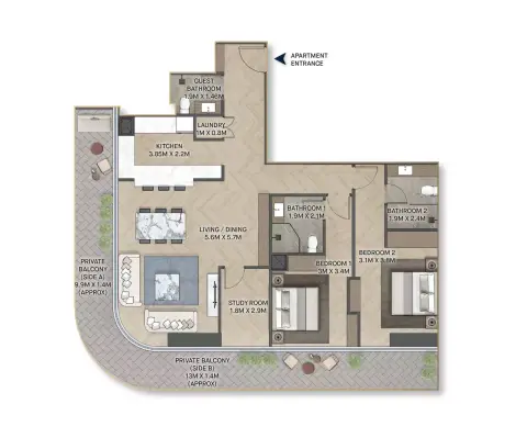 Plattegrond van 2 slaapkamers in PG Maison