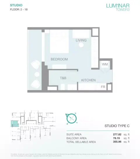 Plattegrond van Studio in Lum1nar Tower 3
