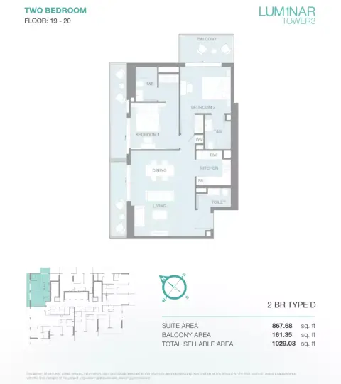 Plattegrond van 2 slaapkamers in Lum1nar Tower 3