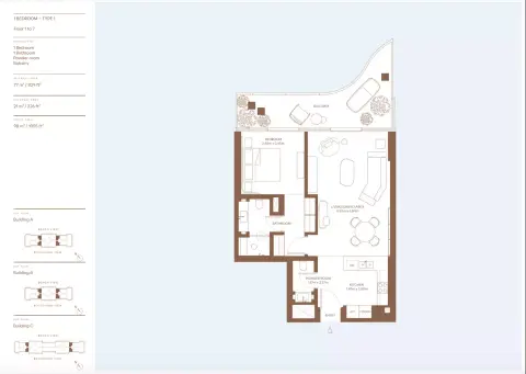 Plattegrond van 1 slaapkamer in Dubai Harbour Residences