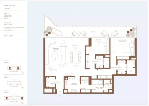 Plattegrond van 2 slaapkamers in Dubai Harbour Residences