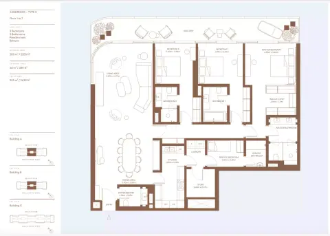 Plattegrond van 3 slaapkamers in Dubai Harbour Residences