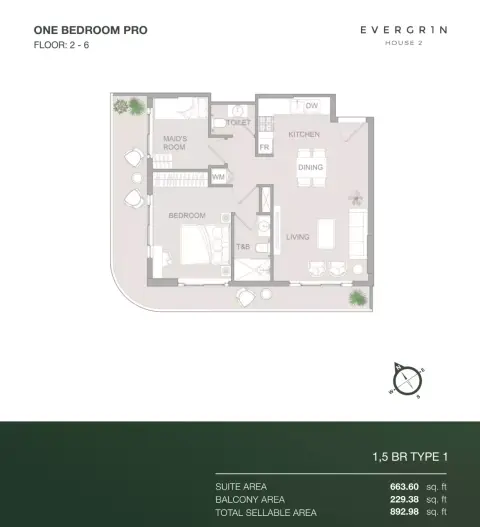 Plattegrond van 2 slaapkamers in Evergrin House Phase 2 By Object 1