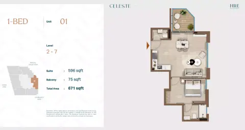 Plattegrond van 1 slaapkamer in Celeste