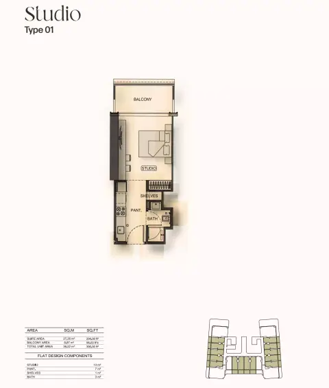 Plattegrond van Studio in Binghatti Hillside