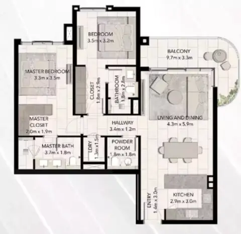 Plattegrond van 2 slaapkamers in Capria East
