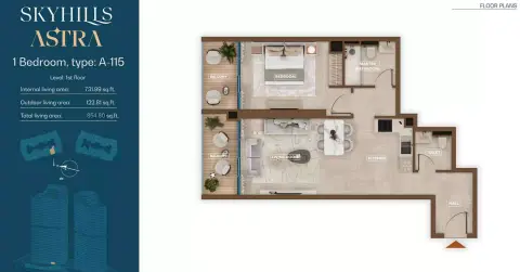 Plattegrond van 1 slaapkamer in Skyhills Astra