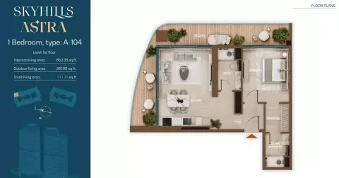 Plattegrond van 1 slaapkamer in Skyhills Astra