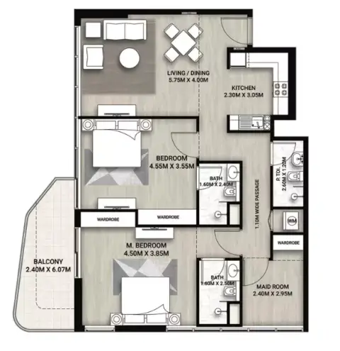 Plattegrond van 2 slaapkamers in Whitecliffs Residences