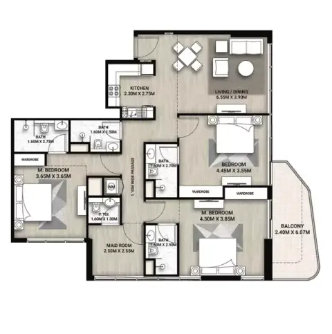 Plattegrond van 3 slaapkamers in Whitecliffs Residences