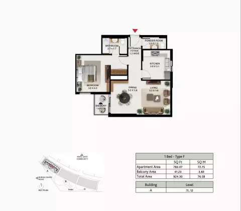 Plattegrond van 1 slaapkamer in South Garden A