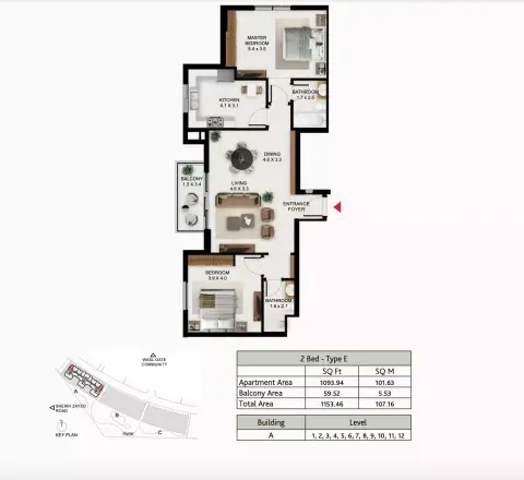 Plattegrond van 2 slaapkamers in South Garden A