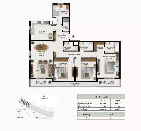 Plattegrond van 3 slaapkamers in South Garden A