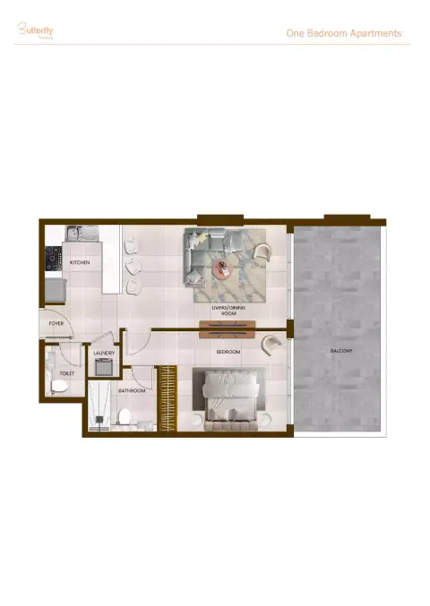 Plattegrond van 1 slaapkamer in Butterfly Towers