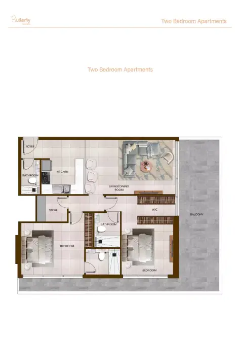 Plattegrond van 2 slaapkamers in Butterfly Towers