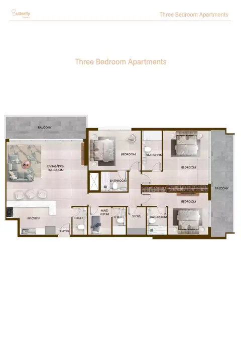 Plattegrond van 3 slaapkamers in Butterfly Towers