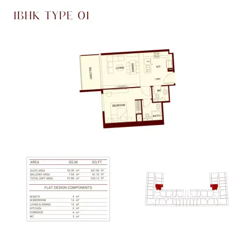 Plattegrond van 1 slaapkamer in Binghatti Ruby