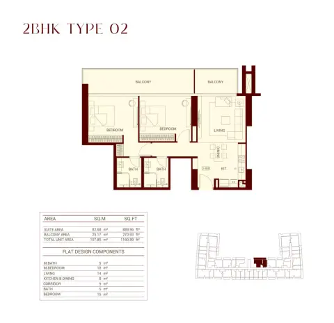Plattegrond van 2 slaapkamers in Binghatti Ruby