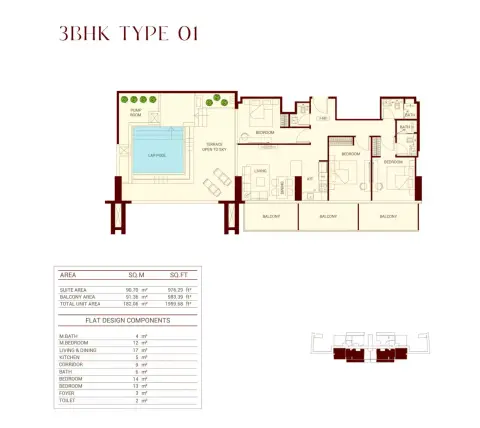 Plattegrond van 3 slaapkamers in Binghatti Ruby