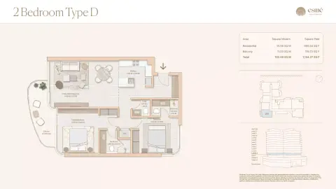 Plattegrond van 2 slaapkamers in Esme Beach Residences