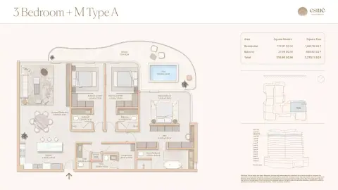 Plattegrond van 3 slaapkamers in Esme Beach Residences