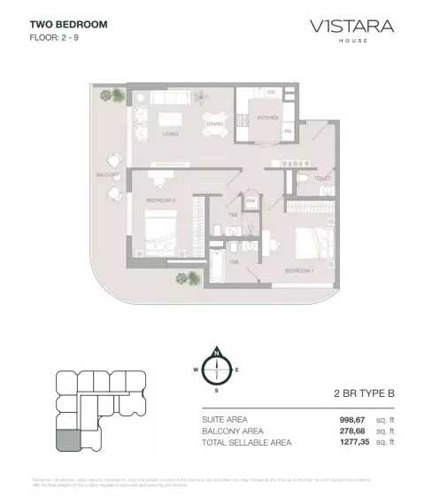 Plattegrond van 2 slaapkamers in V1stara House