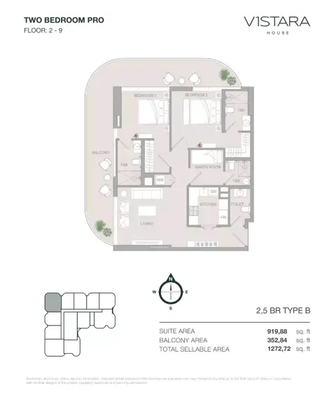 Plattegrond van 3 slaapkamers in V1stara House