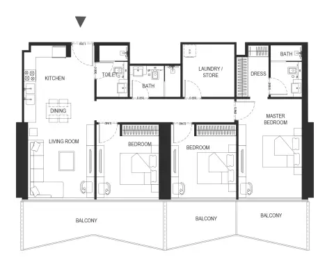 Plattegrond van 3 slaapkamers in Binghatti Haven