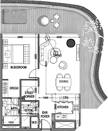 Plattegrond van 1 slaapkamer in Beach Walk Grand