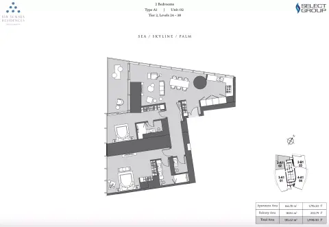 Plattegrond van 2 slaapkamers in Six Senses Residences Dubai Marina
