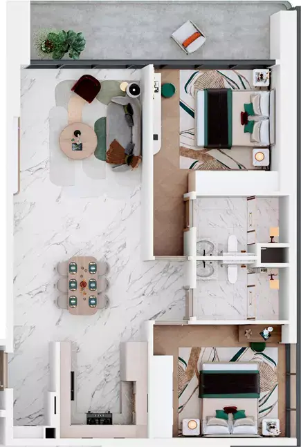Plattegrond van 2 slaapkamers in Vega Residence