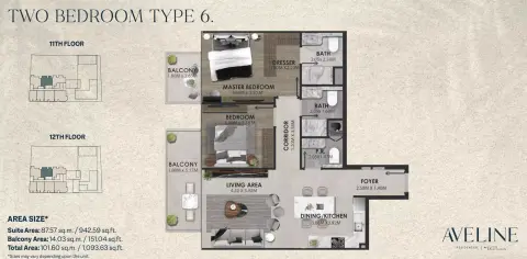 Plattegrond van 2 slaapkamers in Aveline Residences