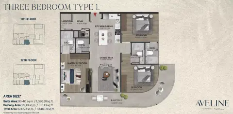 Plattegrond van 3 slaapkamers in Aveline Residences