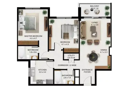 Plattegrond van 2 slaapkamers in Allura Residences