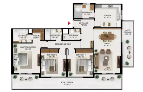 Plattegrond van 3 slaapkamers in Allura Residences