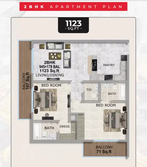 Plattegrond van 2 slaapkamers in Coventry Gardens