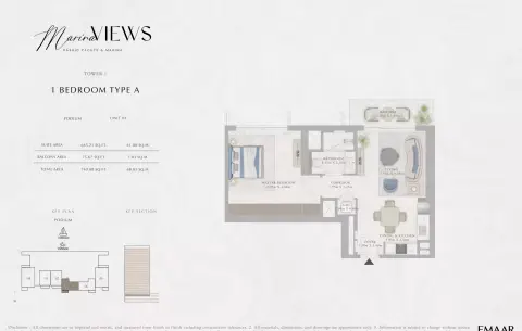 Plattegrond van 1 slaapkamer in Marina Views